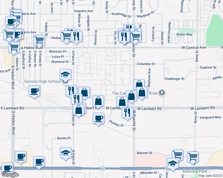 map of restaurants, bars, coffee shops, grocery stores, and more near 1335 Silver Lake Place in Brea