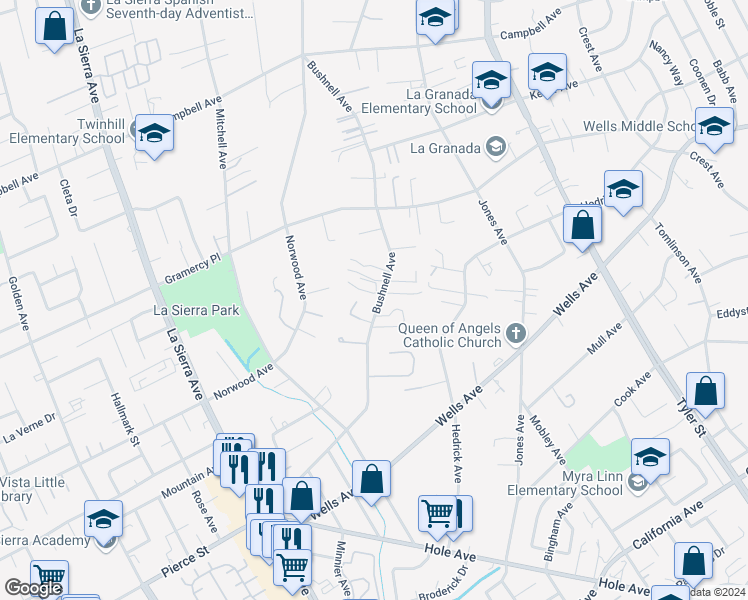 map of restaurants, bars, coffee shops, grocery stores, and more near 5140 Bushnell Avenue in Riverside