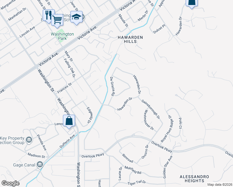 map of restaurants, bars, coffee shops, grocery stores, and more near 6770 De Grazia Road in Riverside