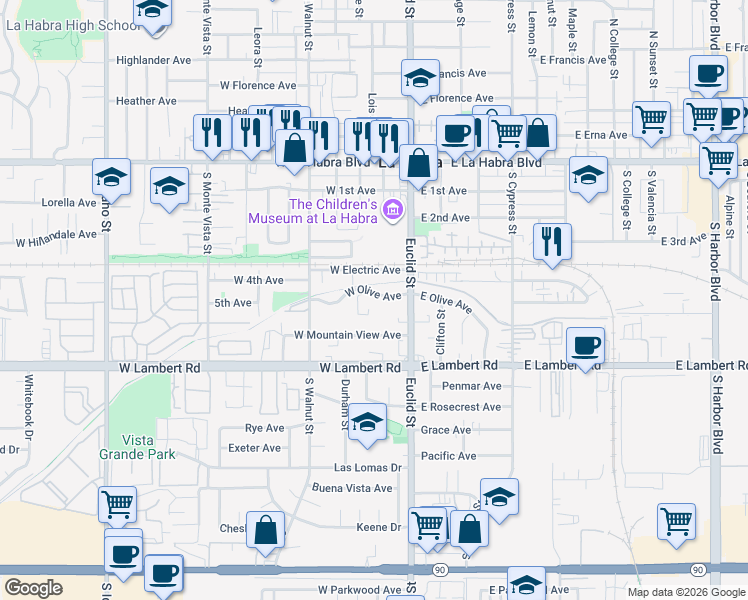 map of restaurants, bars, coffee shops, grocery stores, and more near 218 West Olive Avenue in La Habra