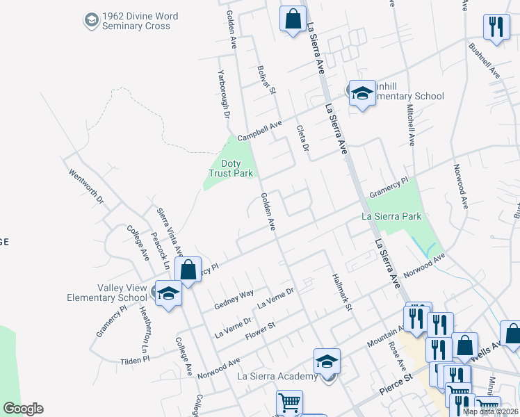 map of restaurants, bars, coffee shops, grocery stores, and more near 5364 Golden Ave in Riverside