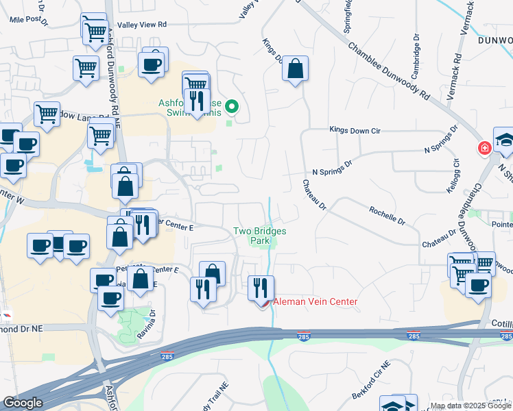 map of restaurants, bars, coffee shops, grocery stores, and more near 9405 Perimeter Lofts Circle in Dunwoody