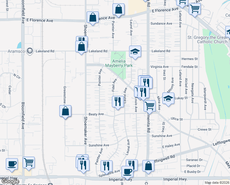 map of restaurants, bars, coffee shops, grocery stores, and more near 11518 Fidel Avenue in Whittier