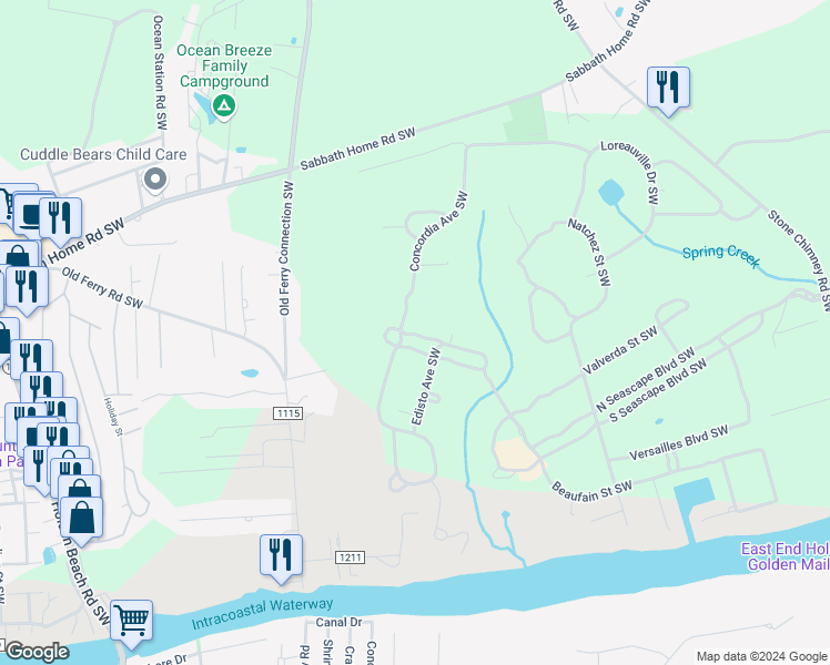 map of restaurants, bars, coffee shops, grocery stores, and more near 594 Maritime Way Southwest in Brunswick County