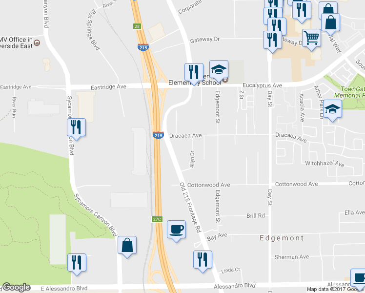map of restaurants, bars, coffee shops, grocery stores, and more near 13316 Old 215 Frontage Road in Moreno Valley