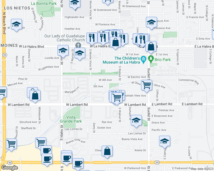 map of restaurants, bars, coffee shops, grocery stores, and more near 534 McFadden Street in La Habra
