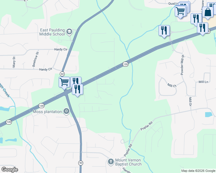 map of restaurants, bars, coffee shops, grocery stores, and more near 92 Timber Pass in Dallas