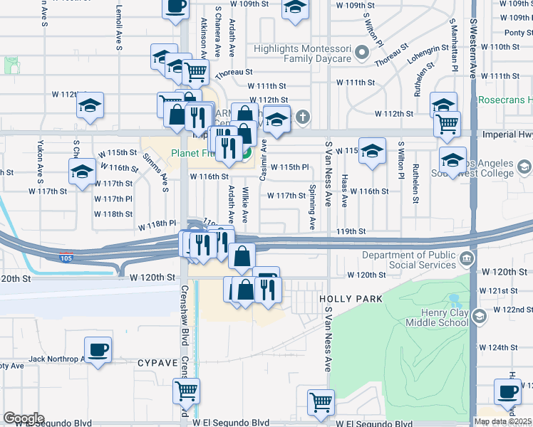 map of restaurants, bars, coffee shops, grocery stores, and more near 2524 West 118th Street in Hawthorne