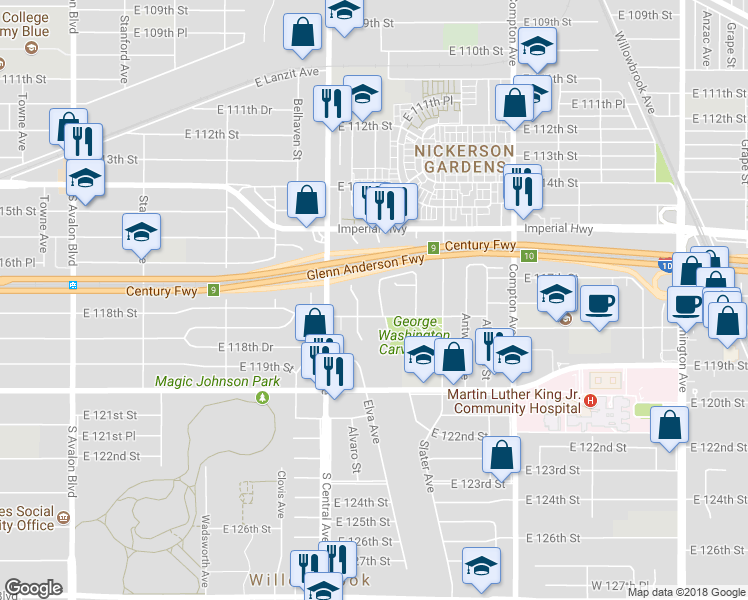 map of restaurants, bars, coffee shops, grocery stores, and more near 11749 Slater Street in Los Angeles