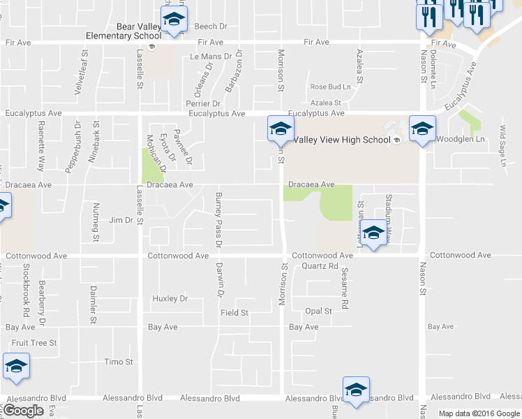 map of restaurants, bars, coffee shops, grocery stores, and more near 26418 Capay Bay Court in Moreno Valley