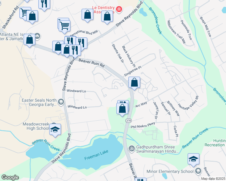 map of restaurants, bars, coffee shops, grocery stores, and more near 1359 Beaver Ruin Road in Norcross