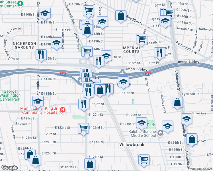 map of restaurants, bars, coffee shops, grocery stores, and more near 2022 East 117th Street in Los Angeles