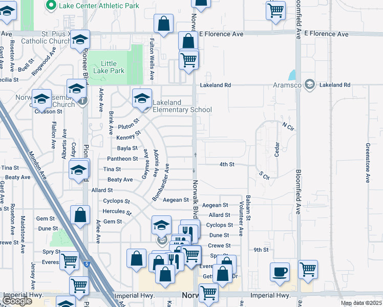 map of restaurants, bars, coffee shops, grocery stores, and more near 12159 Pantheon Street in Norwalk