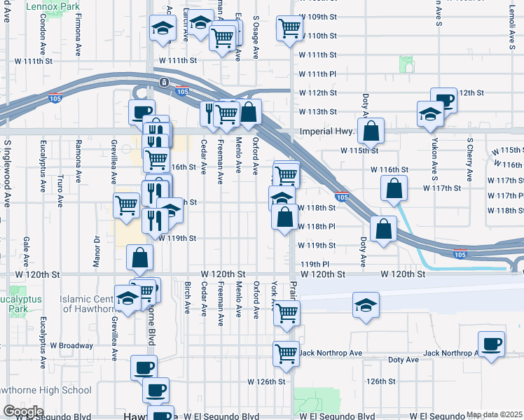 map of restaurants, bars, coffee shops, grocery stores, and more near 11818 Oxford Ave in Hawthorne