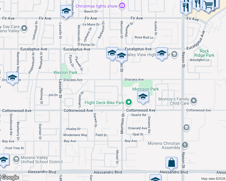 map of restaurants, bars, coffee shops, grocery stores, and more near 26418 Capay Bay Court in Moreno Valley