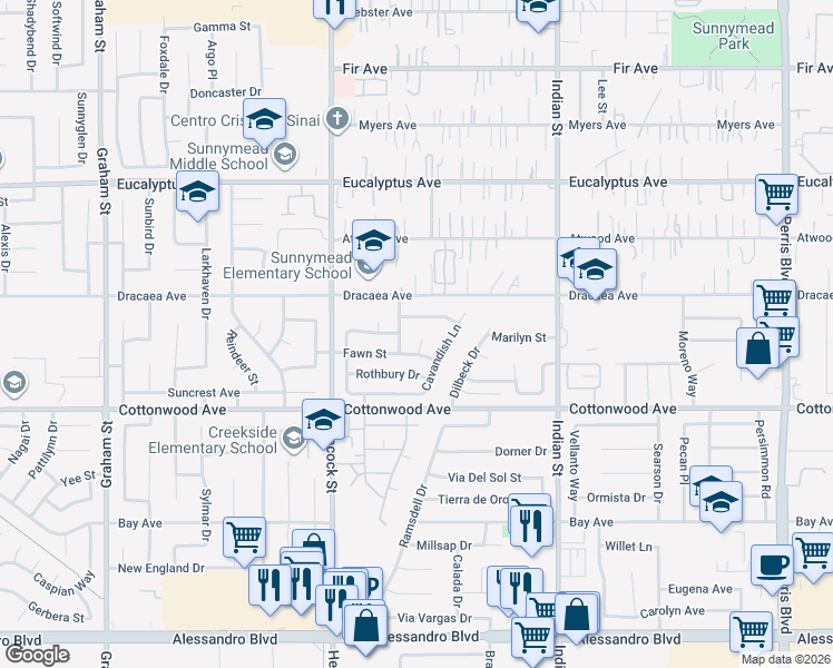 map of restaurants, bars, coffee shops, grocery stores, and more near 13341 Holbeck Court in Moreno Valley