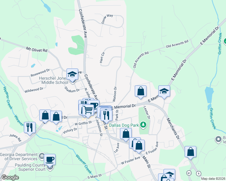 map of restaurants, bars, coffee shops, grocery stores, and more near 131 Watson Drive in Dallas