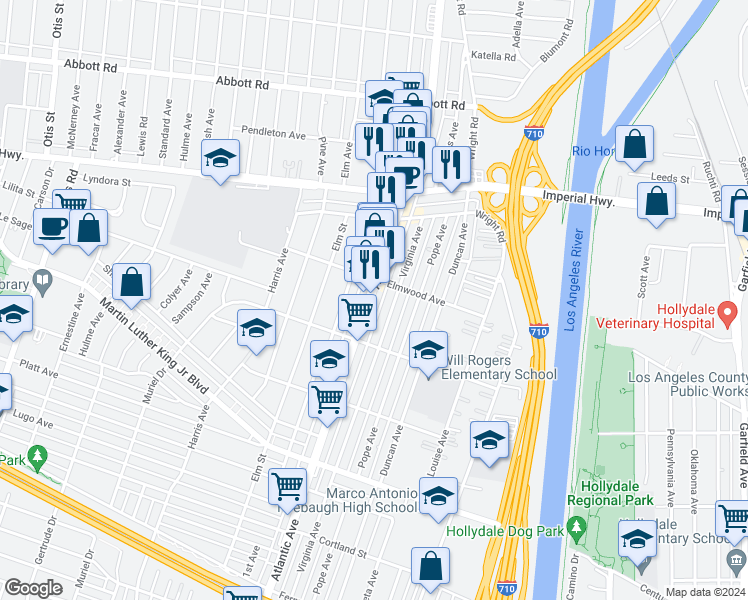map of restaurants, bars, coffee shops, grocery stores, and more near 11124 Atlantic Avenue in Lynwood