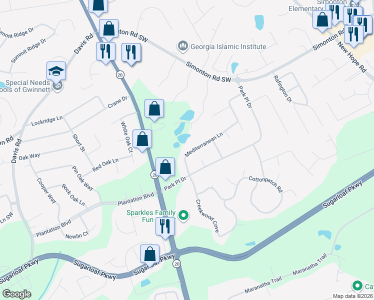 map of restaurants, bars, coffee shops, grocery stores, and more near 255 Mediterranean Lane in Lawrenceville