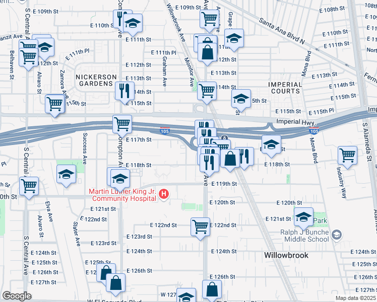 map of restaurants, bars, coffee shops, grocery stores, and more near 11726 Holmes Avenue in Los Angeles