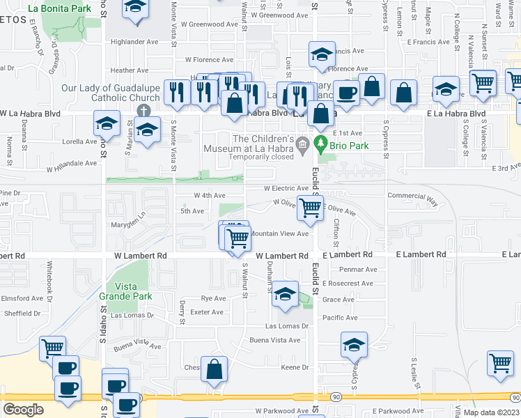 map of restaurants, bars, coffee shops, grocery stores, and more near 405 West Olive Avenue in La Habra
