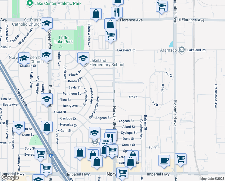 map of restaurants, bars, coffee shops, grocery stores, and more near 12159 Pantheon Street in Norwalk