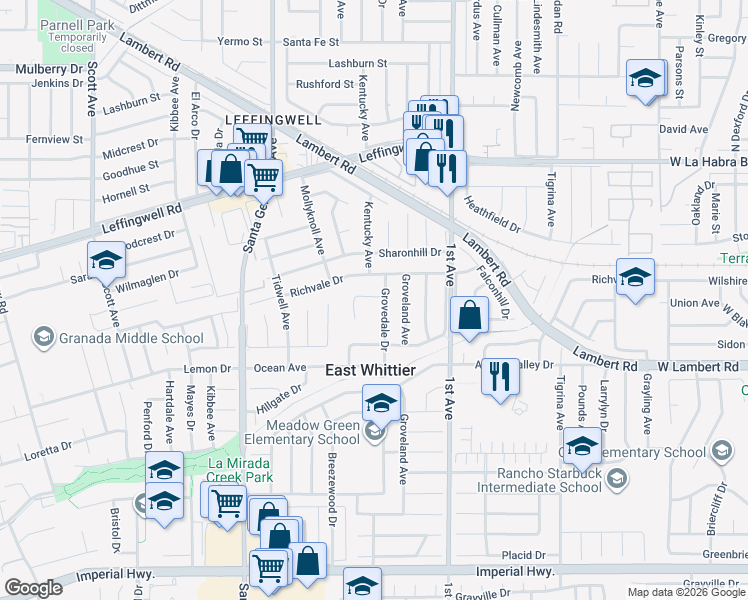 map of restaurants, bars, coffee shops, grocery stores, and more near 16052 Willows Court in Whittier