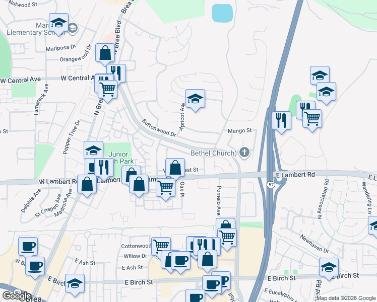 map of restaurants, bars, coffee shops, grocery stores, and more near 627 Candlewood Street in Brea