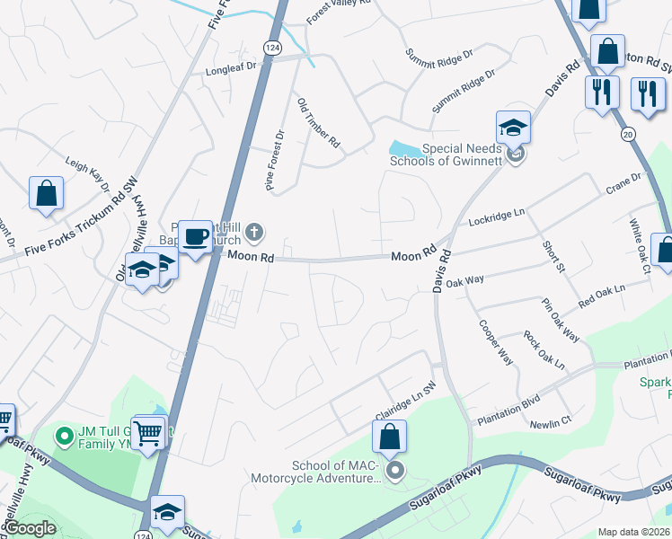 map of restaurants, bars, coffee shops, grocery stores, and more near 604 Fernstone Trail in Lawrenceville