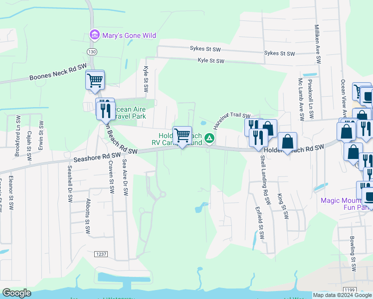 map of restaurants, bars, coffee shops, grocery stores, and more near 2821 Holden Beach Road in Brunswick County