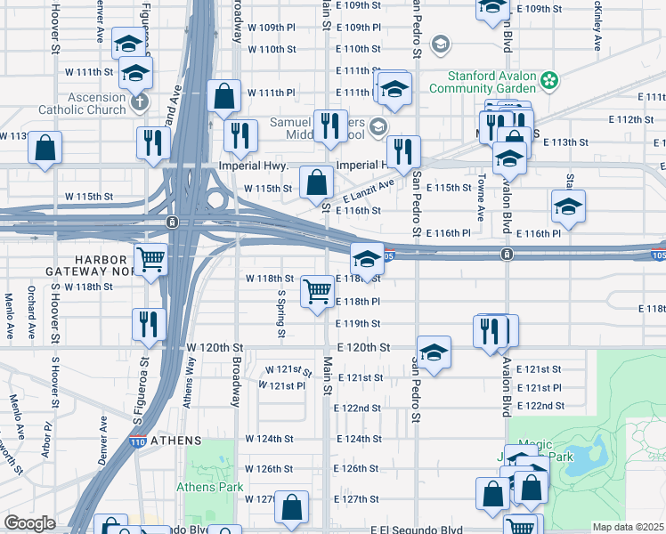 map of restaurants, bars, coffee shops, grocery stores, and more near 11714 South Main Street in Los Angeles
