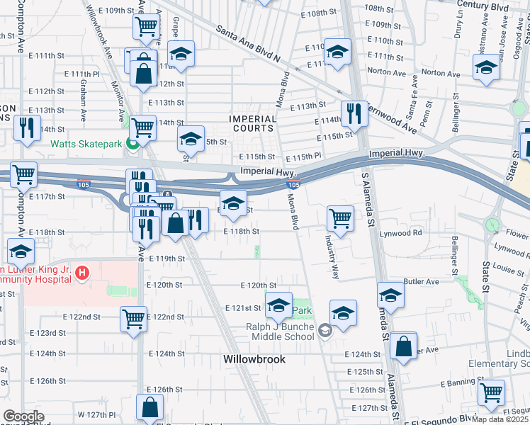 map of restaurants, bars, coffee shops, grocery stores, and more near 2304 East 117th Street in Los Angeles