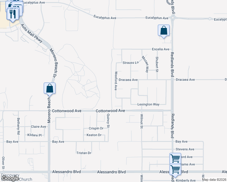 map of restaurants, bars, coffee shops, grocery stores, and more near 13351 Wexford Avenue in Moreno Valley