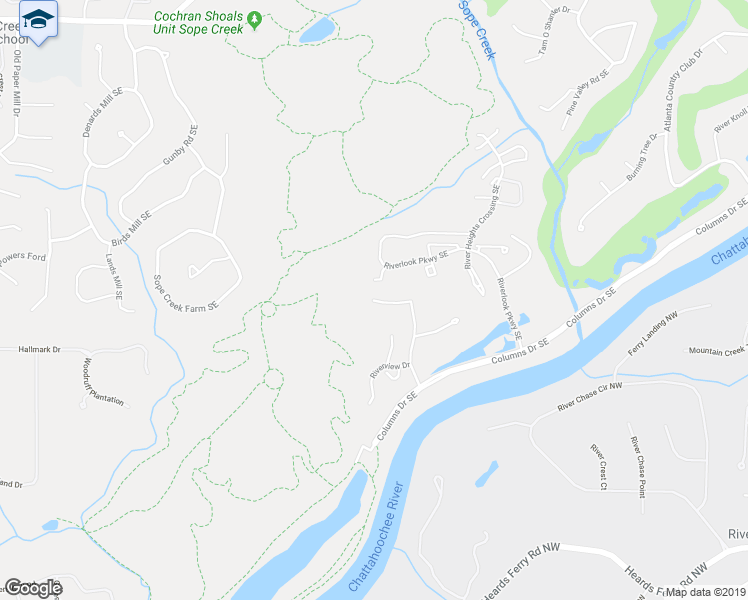 map of restaurants, bars, coffee shops, grocery stores, and more near 701 Riverview Drive Southeast in Marietta