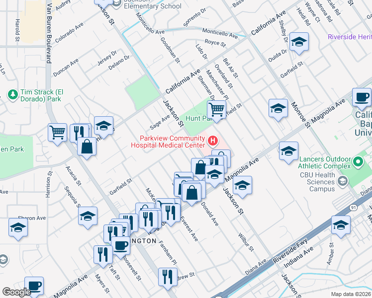 map of restaurants, bars, coffee shops, grocery stores, and more near 3993 Lafayette Street in Riverside