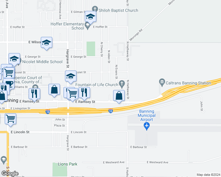 map of restaurants, bars, coffee shops, grocery stores, and more near 1370 East Williams Street in Banning