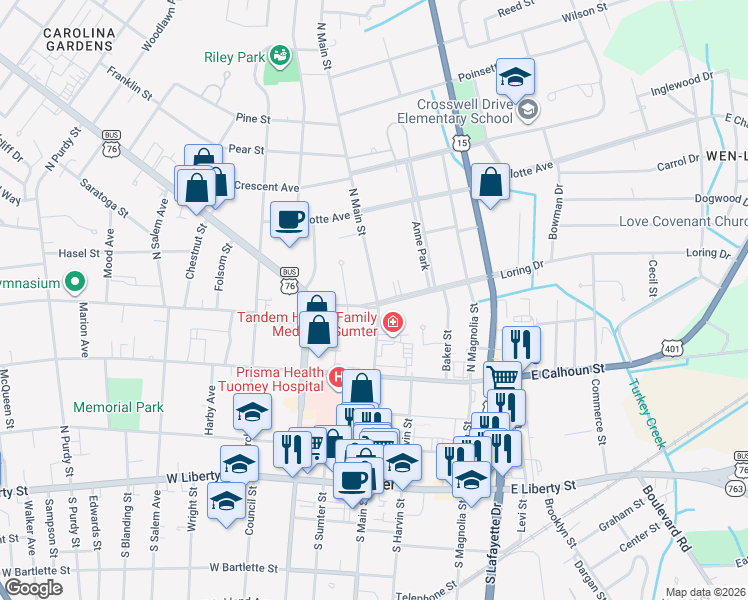map of restaurants, bars, coffee shops, grocery stores, and more near 400 North Main Street in Sumter