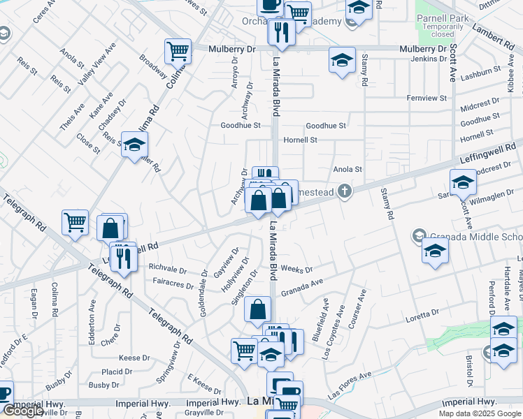 map of restaurants, bars, coffee shops, grocery stores, and more near 14939 Leffingwell Road in Whittier