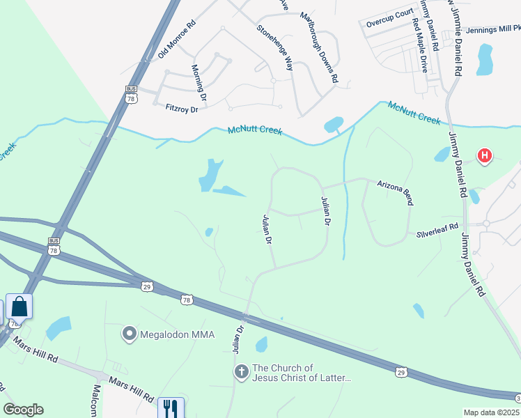 map of restaurants, bars, coffee shops, grocery stores, and more near 1750 Julian Drive in Watkinsville