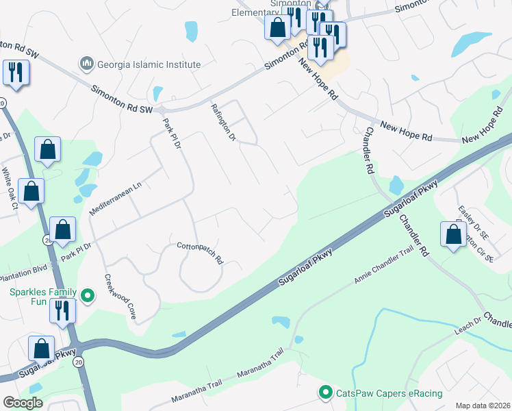map of restaurants, bars, coffee shops, grocery stores, and more near 1500 Beechwood Circle in Lawrenceville