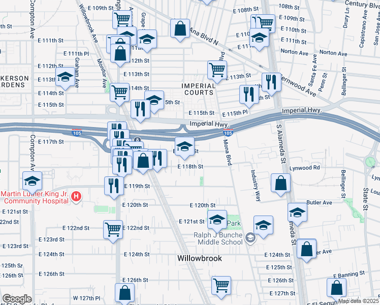 map of restaurants, bars, coffee shops, grocery stores, and more near 2216 East 117th Street in Los Angeles