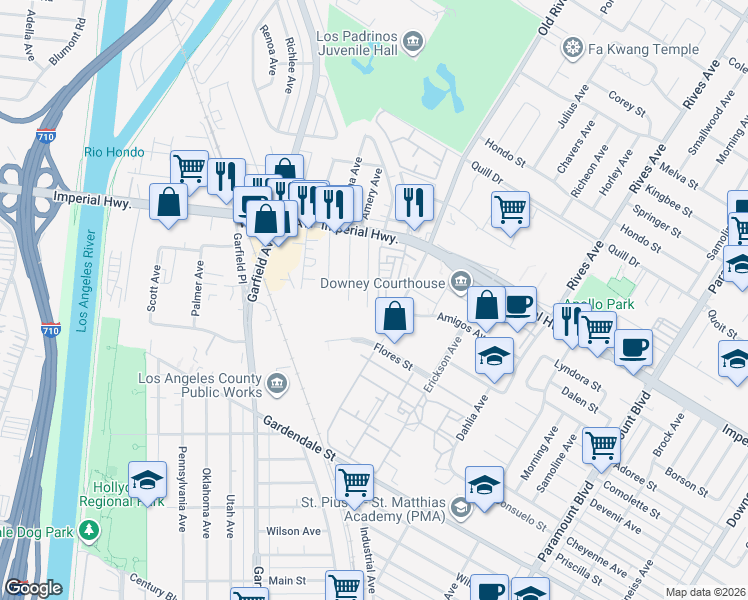 map of restaurants, bars, coffee shops, grocery stores, and more near 11040 Lillian Lane in South Gate
