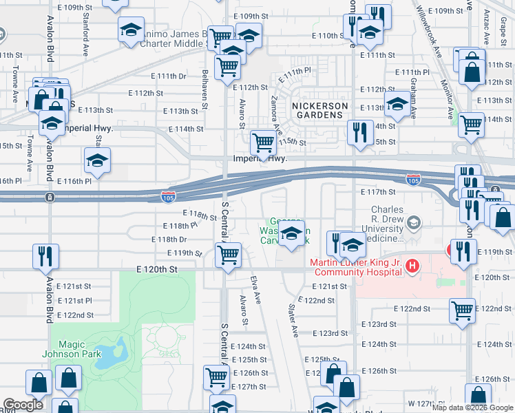 map of restaurants, bars, coffee shops, grocery stores, and more near 11749 Slater Street in Los Angeles
