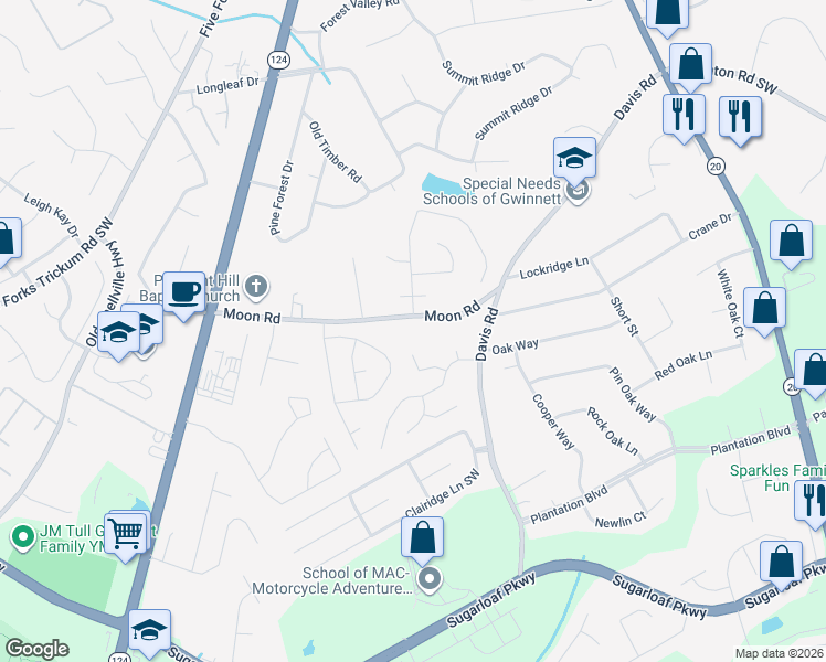 map of restaurants, bars, coffee shops, grocery stores, and more near 674 Moon Road in Lawrenceville