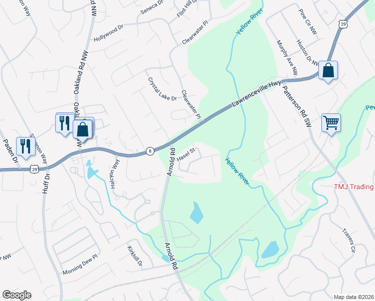 map of restaurants, bars, coffee shops, grocery stores, and more near 2133 Hasel Street in Lawrenceville