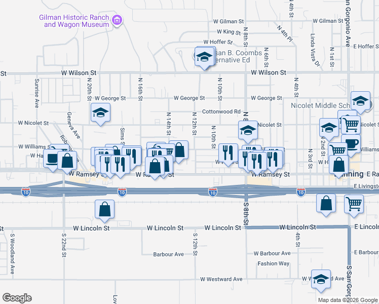 map of restaurants, bars, coffee shops, grocery stores, and more near 1238 West Williams Street in Banning