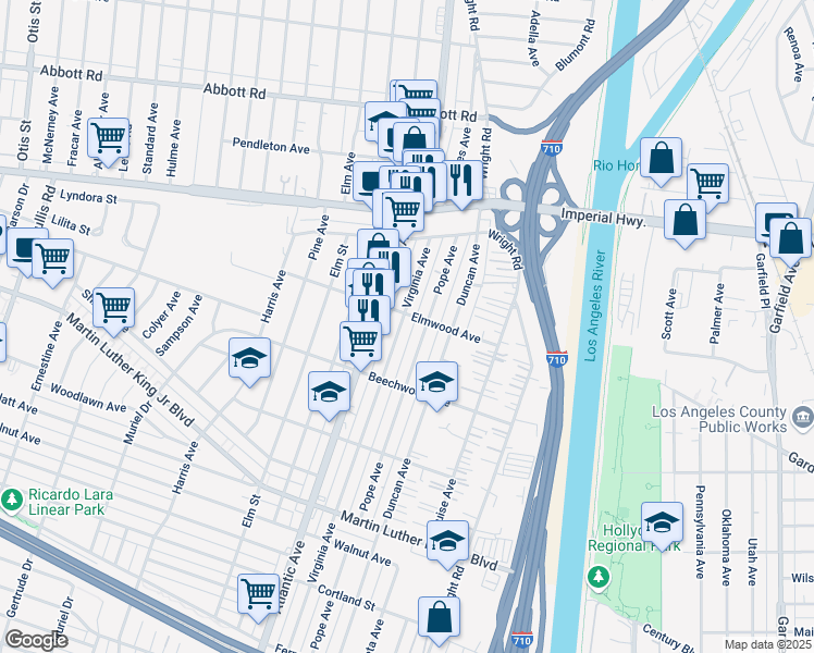 map of restaurants, bars, coffee shops, grocery stores, and more near 11110 Virginia Avenue in Lynwood