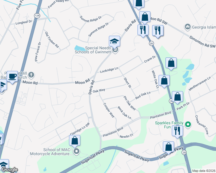 map of restaurants, bars, coffee shops, grocery stores, and more near 535 Oak Way in Lawrenceville