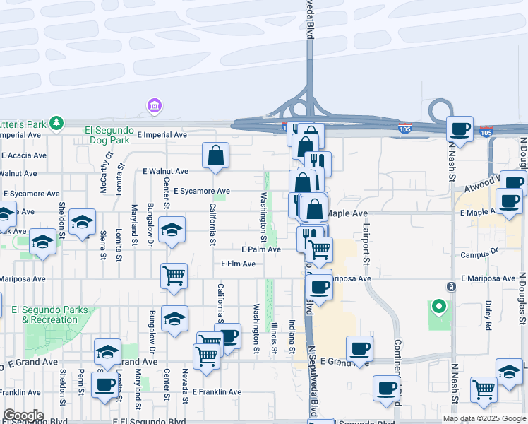 map of restaurants, bars, coffee shops, grocery stores, and more near East Maple Avenue & Washington Street in El Segundo