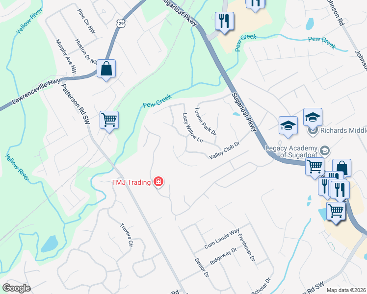 map of restaurants, bars, coffee shops, grocery stores, and more near 1651 Sweetbay Trce in Lawrenceville